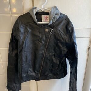 Justice Black Faux Leather Jacket with Gray Hood